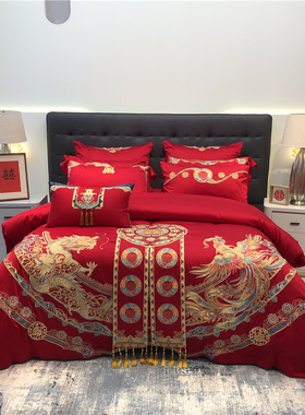 福喜同乐140支红色高端结婚四件套高精密400万针刺绣喜庆婚庆床品