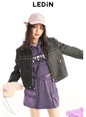 乐町水洗机车夹克秋季新款甜酷外套女C2BBE1203