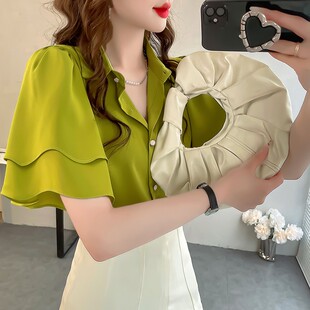 夏季 衬衣 上衣女高级感宽松设计荷叶边短袖 显白葡萄绿纯色雪纺衬衫