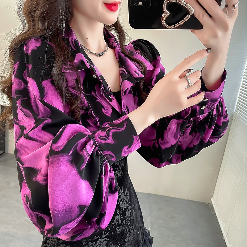 粉色水墨印花灯笼袖衬衣轻奢高级感翻领衬衫春款显瘦雪纺上衣女仙