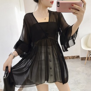 胖MM显瘦黑色中长款雪纺衬衫上衣女高级感V领短袖娃娃衫夏装衬衣