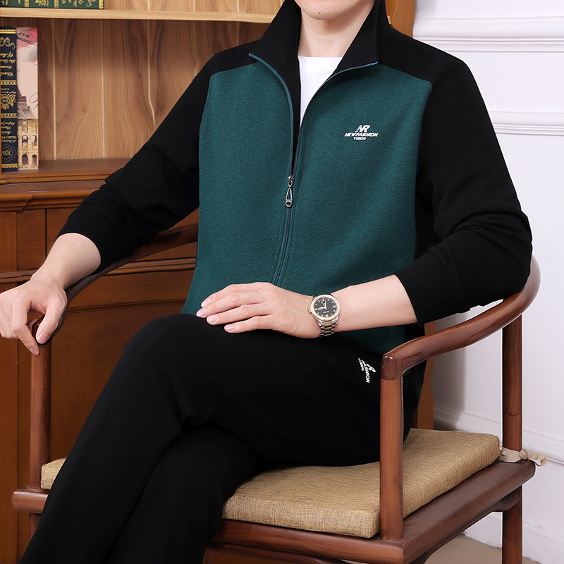 2025春秋新款纯棉中老年运动服套装男三件套爸爸春装宽松休闲外套