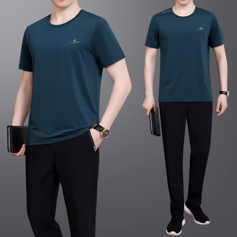中老年运动套装男2025夏季新款冰丝短袖T速干休闲运动服爸爸夏装