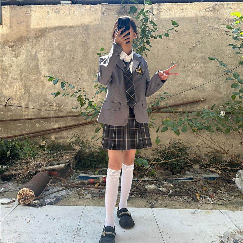 烟灰jk制服裙原创正版西服套装学院风格裙夏季西装半身裙百褶短裙