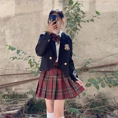 正版JK制服套装原创jk西装女全套校供徽章一粒扣绀色西服外套短款