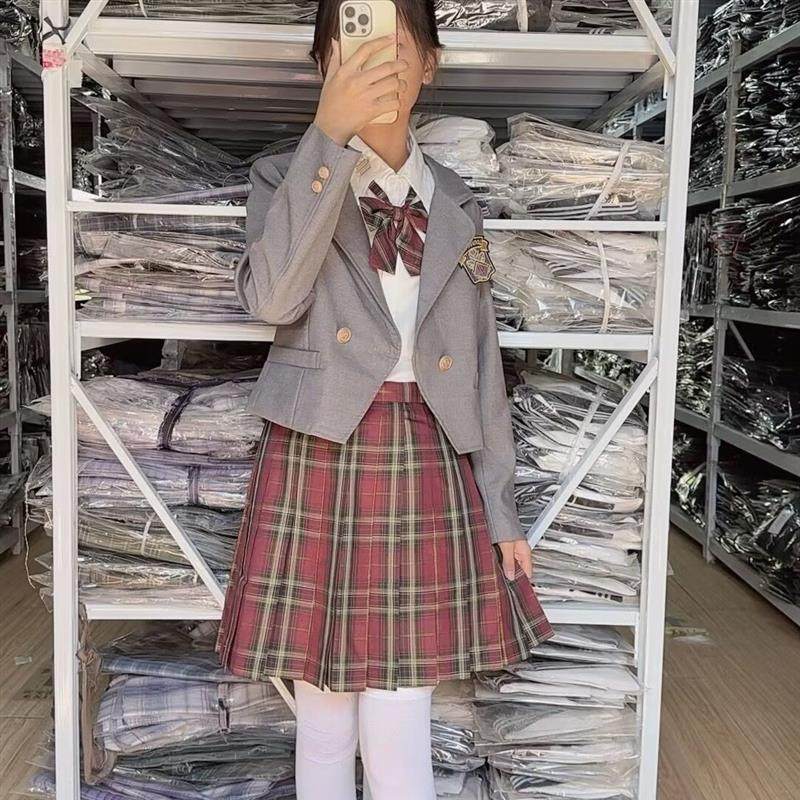 正版jk制服西服套装日系学院风校供感全套秋冬学生格裙女黑色西装