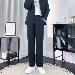子简约宽松堆积慵懒夏季 长宽黑色直筒高级男生休闲裤 瘦腿男士 西裤