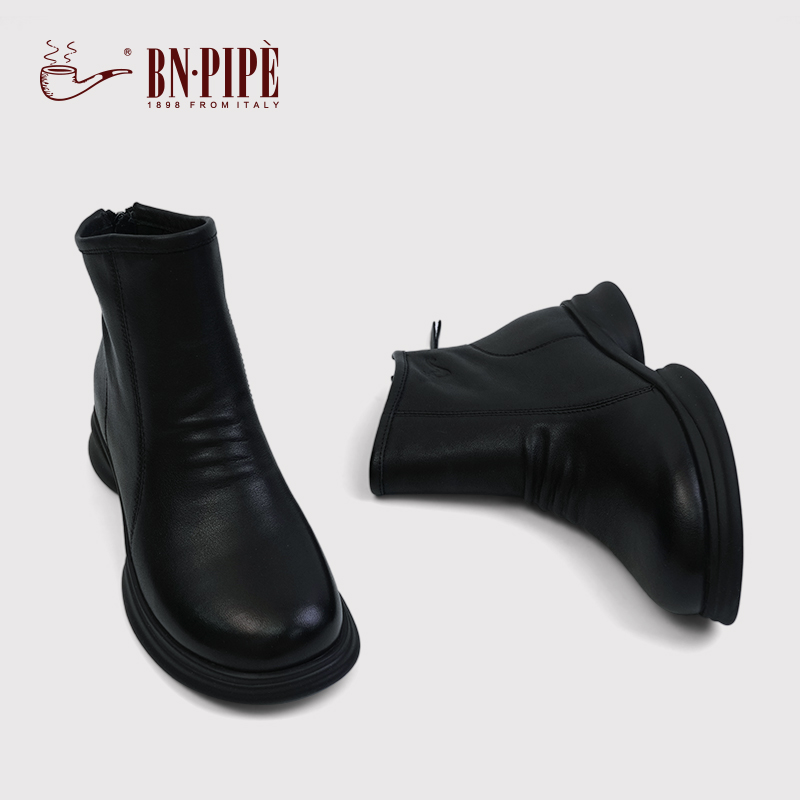 百年烟斗真皮黑色马丁靴妈妈靴子