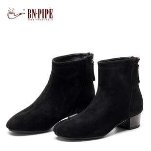 百年烟斗羊皮高跟靴子2025新款舒适粗跟短靴女小个子气质显瘦鞋子