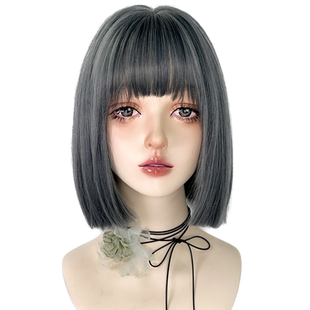 漫画一刀切假发蓝色短发波波头bobo女全头套cos万用y2k蓝灰色彩色