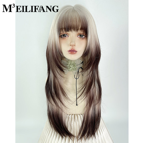 白金色渐变棕色水母头长直发假发