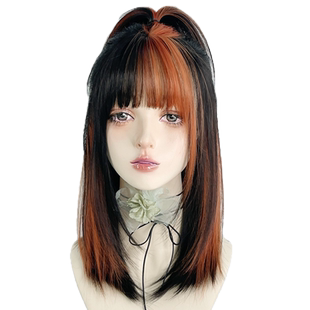 黑脏橘色刘海挑染假发亚文化全头套女y2k日常彩朋克高层次锁骨发