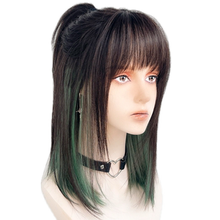 绿色挑染高层次假发狼尾鲻鱼头全头套女日常中长锁骨发二次元少年