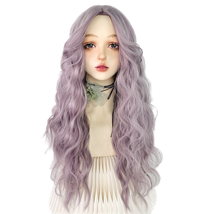 美立方紫色假发全头套女长发粉紫色羊毛卷洛丽塔lolita中分长卷发