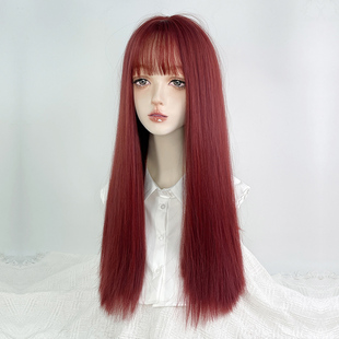 红色假发全头套女湄拉红发齐刘海一刀切长直发彩色cos万用lolita