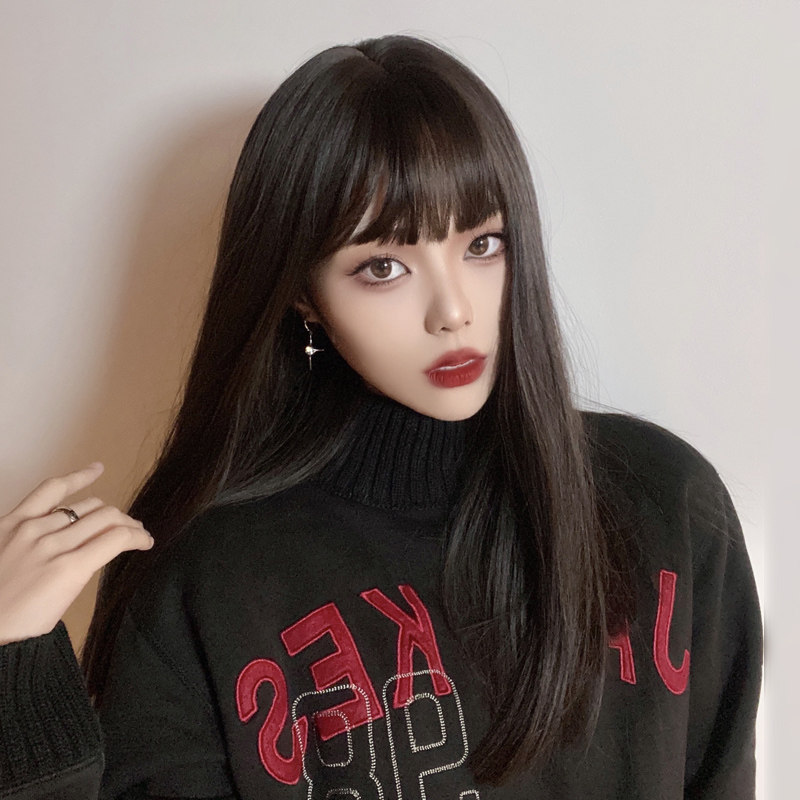 漫画齐刘海黑色长直发假发全头套式女自然日常jk整顶网红中长发型
