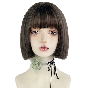 超短发假发一刀切齐耳波波头棕色全头套女bobo头齐刘海妹妹头发型