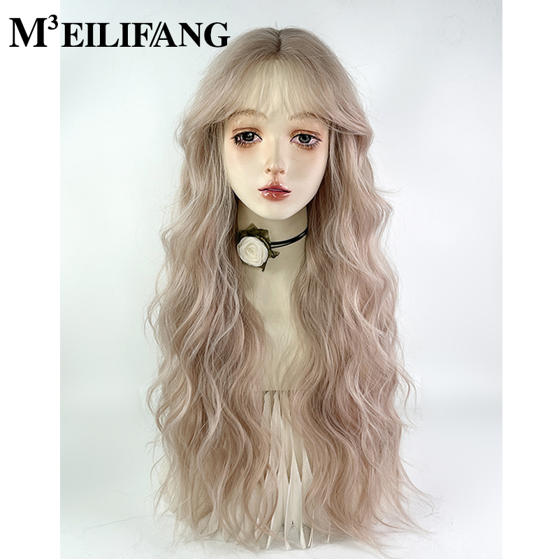 奶茶粉金色中分蕾丝长卷发假发套