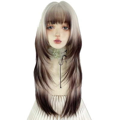 白金色渐变棕色水母头长直发假发