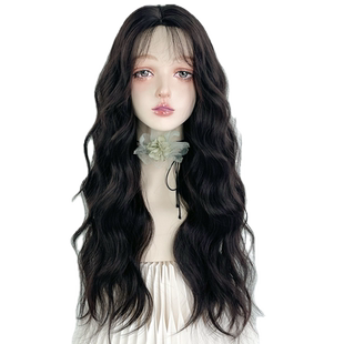 前额蕾丝假发女全头套中分大波浪长卷发手织勾八字刘海黑色水波纹