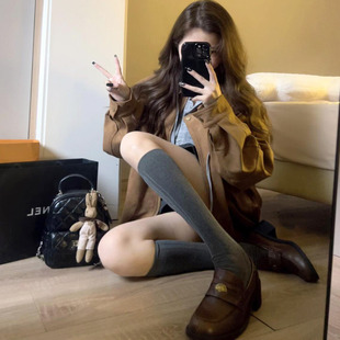 韩里韩气竖条小腿袜子女日系中筒袜英伦风堆堆袜ins学院风长筒袜