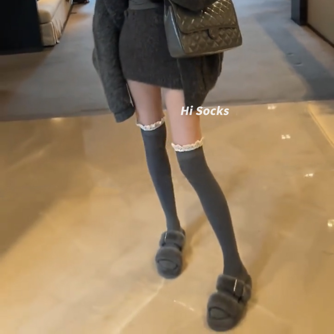 日系大腿袜子女深灰色长筒袜全棉