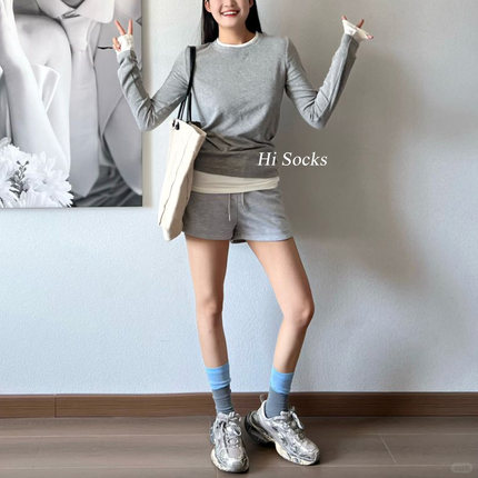 ins潮网红街头堆堆袜学院风甜美jk少女小腿袜灰蓝拼色中筒堆堆袜