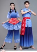 七段锦新款 采茶秧歌蓝色表演服饰南泥湾丰收节民间舞碎花演出服饰
