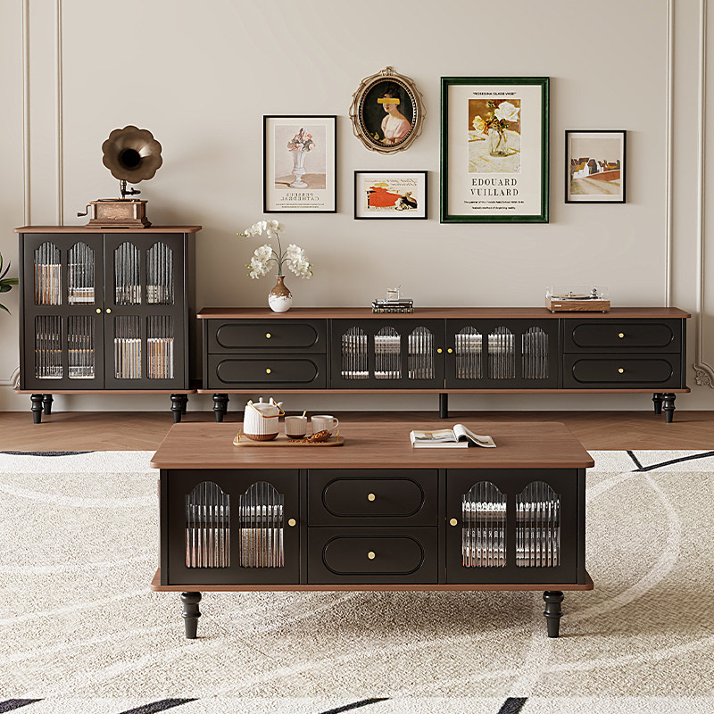 中古风电视柜客厅家用储物柜法式落地复古风茶几组合实木电视机柜