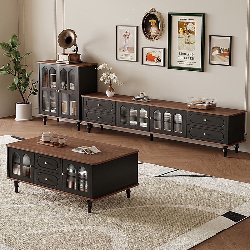法式复古电视柜客厅家用简约现代收纳储物柜中古风落地式茶几组合