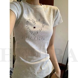 显瘦正肩上衣 纯棉复古花灰色字母印花短袖 T恤女夏季 新款 辣妹修身