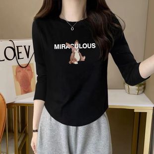 弧形圆领打底衫修身内搭长袖T恤女春秋韩版黑色小众百搭短款上衣