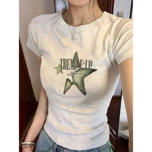 款 纯棉正肩短袖 小众修身 女夏季 显瘦遮肉辣妹上衣 T恤纯欲风ins韩版