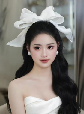 新款减龄甜美缎面白色立体大蝴蝶结发夹新娘森系公主礼服百搭配饰
