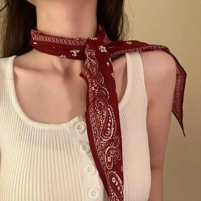 复古安可拉红色腰果花低马尾绑发飘带丝巾女款高级感时尚三角领巾