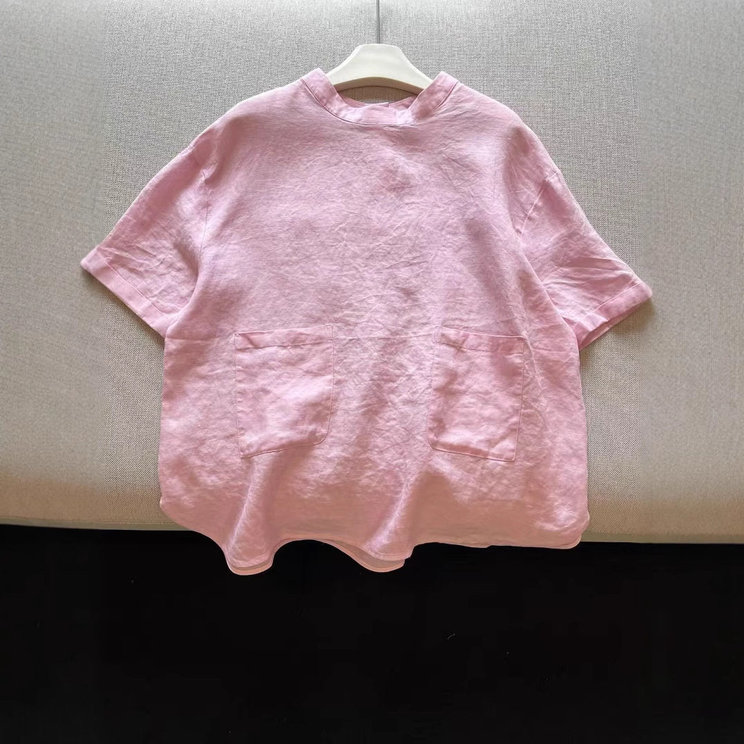 南油 25夏季新款日系慵懒风小马刺绣亚麻口袋宽松中袖t恤女上衣