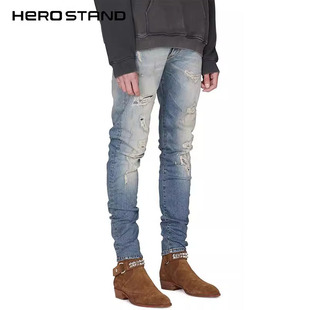 herostand高品质22FW做旧蓝修身 弹力小脚不露肉DENIM磨损破坏