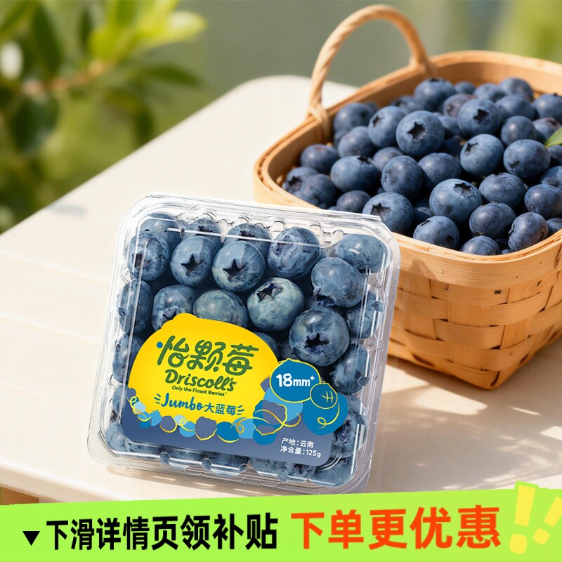 怡颗莓云南蓝莓当季新鲜水果125g/盒中果大果14mm-20mm4盒起