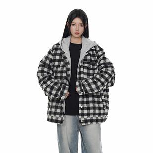 高级感黑白格子拼接夹棉棉衣女冬季潮牌宽松情侣百搭加厚毛呢外套