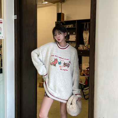 UNO 日系猫咪贴布刺绣甜酷慵懒风秋冬针织衫毛衣休闲情侣圆领卡通