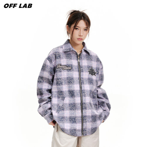 美式刺绣格子衬衫外套女男秋季