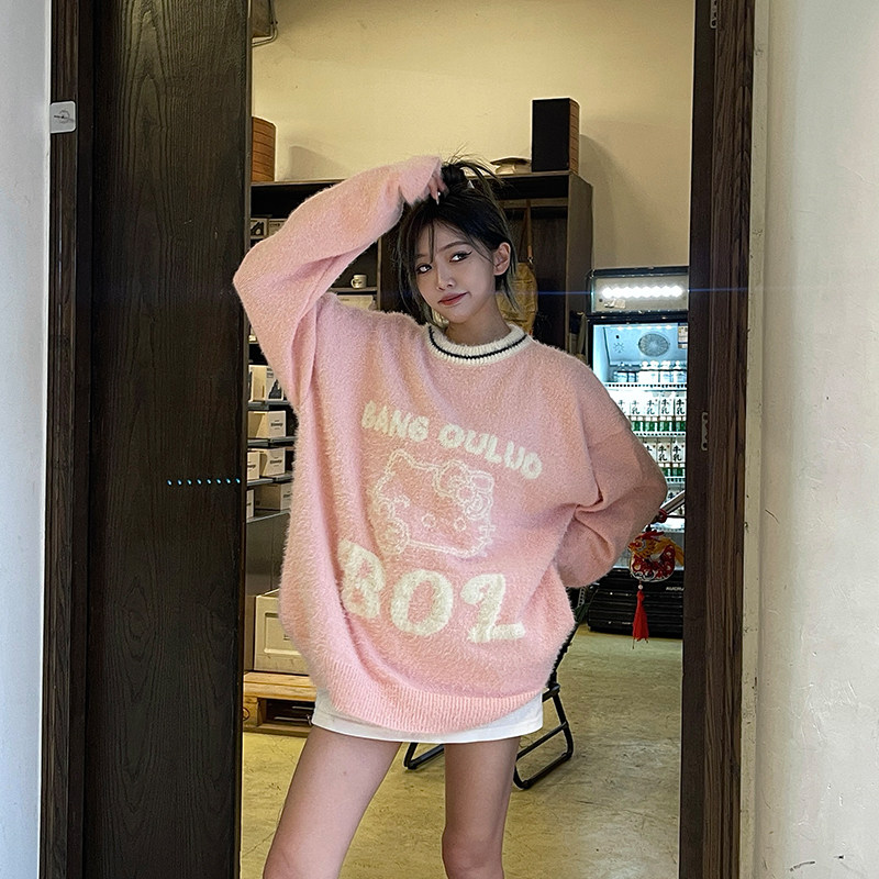 UNO 日系甜美可爱学院风针织衫毛衣猫咪提花设计情侣慵懒上衣卡通