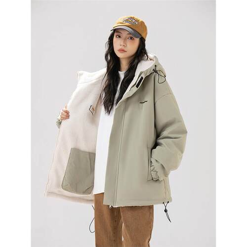 双面穿防寒连帽冲锋衣棉服女