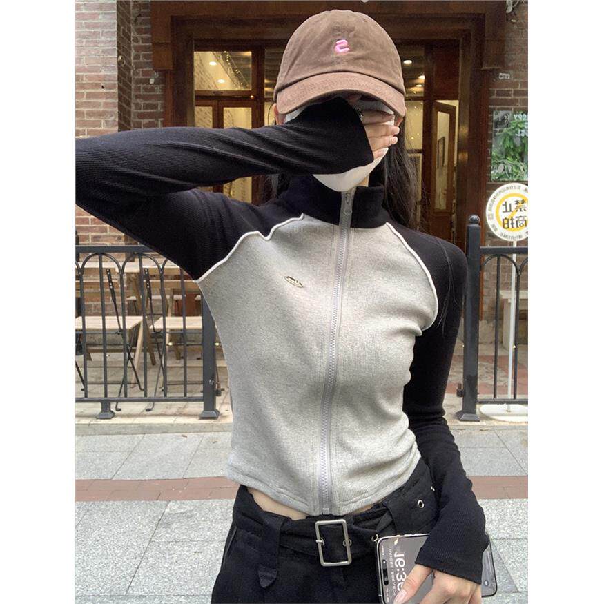 美式拉链立领开衫外套女2026秋季运动风撞色插肩袖短款修身上衣潮