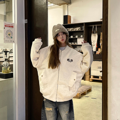 UNO 美式复古羊羔绒刺绣棉服外套棒球服宽松潮牌情侣百搭加厚棉衣