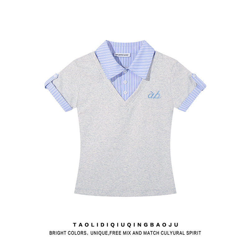 假两件衬衫拼接Polo领短袖T恤女夏季修身显瘦学院风正肩短款上衣