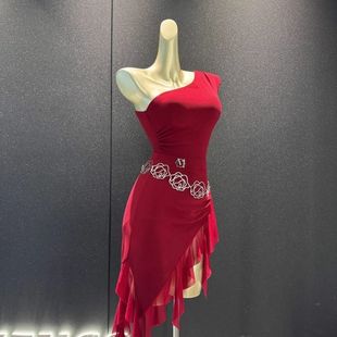 美辰拉丁舞服装2025夏季新款红色舞衣斜肩上衣套装练功舞蹈服成人