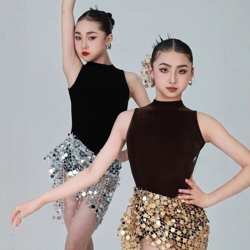 R design舞服少儿拉丁舞银河亮片包臀裙套装比赛服花服练习服女童