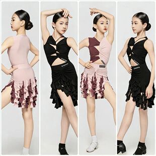 sswang舞服少儿拉丁舞粉紫撞色不规则抽绳无袖荷叶流苏练习服女童