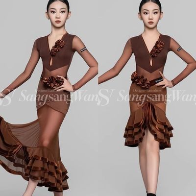 sswang舞服少儿拉丁舞纱网v领超多花长袖摩登舞拉丁三件套练习服